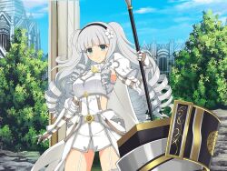 Rule 34 | 1girl, ahoge, armor, belt, black hairband, blue eyes, blush, breastplate, breasts, couter, drill, drill hair, faulds, flower, garter straps, gauntlets, ginrei (senran kagura), gorget, grey hair, hair flower, hair ornament, hairband, holding, holding weapon, large breasts, leaf, long hair, looking at viewer, official alternate costume, official art, pauldrons, pillar, senran kagura, senran kagura new link, senran kagura new wave, shoulder armor, smile, solo, standing, thighhighs, tree, weapon, white flower, white thighhighs, yaegashi nan
