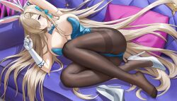 Rule 34 | 1girl, absurdres, animal ears, armpits, ass, asuna (blue archive), asuna (bunny) (blue archive), black pantyhose, blonde hair, blue archive, blue bow, blue bowtie, blue eyes, blue leotard, blue ribbon, bow, bowtie, breasts, commentary request, couch, detached collar, elbow gloves, eyes visible through hair, fake animal ears, full body, gloves, hair ornament, hair over one eye, hair ribbon, high heels, highres, large breasts, leotard, long hair, lying, on side, otakueden1995, pantyhose, parted lips, pillow, rabbit ears, ribbon, sideboob, silver footwear, smile, teeth, thighband pantyhose, thighs, white gloves