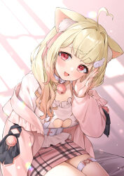 Rule 34 | 1girl, :d, absurdres, ahoge, animal ear fluff, animal ears, bell, belt collar, blonde hair, blush, breasts, cat ears, cat girl, clothing cutout, collar, commission, frilled shirt, frills, hair ornament, heart, heart ahoge, highres, izumi kei, jingle bell, kemomimi refle!, large breasts, long hair, long sleeves, looking at viewer, nekoma karin, open mouth, red eyes, shirt, skeb commission, skirt, smile, solo, virtual youtuber, wing hair ornament