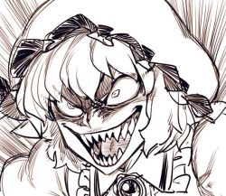 Rule 34 | 1girl, brooch, constricted pupils, crazy eyes, crazy smile, greyscale, hat, jewelry, mob cap, monochrome, open mouth, portrait, puffy sleeves, remilia scarlet, sharp teeth, short hair, sketch, smile, solo, spacezin, teeth, touhou