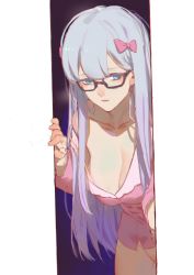 Rule 34 | 10s, 1girl, aged up, bare shoulders, bespectacled, blue eyes, bottomless, bow, breasts, cleavage, collarbone, cowboy shot, eromanga sensei, glasses, gradient hair, groin, hair bow, hands up, highres, izumi sagiri, large breasts, leaning forward, light purple hair, long hair, long sleeves, looking at viewer, mature female, multicolored hair, no panties, off shoulder, open mouth, out-of-frame censoring, outside border, pajamas, pink bow, pink shirt, purple hair, red-framed eyewear, red cucumber, shirt, silver hair, solo, standing