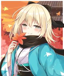 Rule 34 | 1girl, autumn leaves, black bow, black scarf, blonde hair, blush, bow, brown eyes, closed mouth, cloud, cloudy sky, commentary request, fate/grand order, fate (series), hair between eyes, hair bow, haori, holding, japanese clothes, kimono, koha-ace, leaf, long sleeves, maki soutoki, maple leaf, obi, okita souji (fate), okita souji (koha-ace), open clothes, orange sky, outdoors, sash, scarf, sky, smile, solo, sunset, upper body, white kimono, wide sleeves