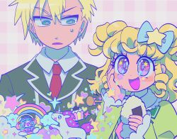 Rule 34 | 1boy, 1girl, :d, black jacket, blonde hair, blue bow, blush, bow, brother and sister, collared shirt, commentary request, food, green eyes, green jacket, hair between eyes, hair bow, hair ornament, hand on own cheek, hand on own face, hands up, heart, highres, holding, holding food, idol time pripara, jacket, korean commentary, lau (laustar30), long hair, long sleeves, necktie, onigiri, open mouth, pink background, pretty series, pripara, purple eyes, rainbow, red necktie, rice cooker, ringlets, school uniform, shirt, short hair, siblings, smile, sparkle, star (symbol), star hair ornament, takki (pripara), two side up, unicorn, upper body, white shirt, yumekawa shogo, yumekawa yui