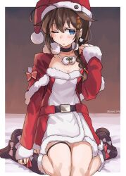 Rule 34 | 1girl, ahoge, atlanta (kancolle), atlanta (kancolle) (cosplay), bell, black choker, black footwear, blue eyes, blush, boots, braid, brown hair, choker, collarbone, cosplay, earrings, hair between eyes, hair flaps, hat, highres, jewelry, kantai collection, long hair, long sleeves, neck bell, one eye closed, open mouth, pom pom (clothes), red hat, santa costume, santa hat, shigure (kancolle), shigure kai ni (kancolle), single braid, single earring, solo, star (symbol), star earrings, sugue tettou, thigh strap, twitter username