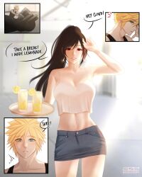 Rule 34 | 1boy, 1girl, absurdres, alternate hairstyle, azezazel, bare shoulders, black hair, black shirt, blonde hair, blue eyes, breasts, brown hair, casual, cloud strife, collarbone, commentary, cowboy shot, crop top, cup, drinking glass, earrings, english commentary, english text, final fantasy, final fantasy vii, food, fruit, grey skirt, hand up, high ponytail, highres, holding, holding plate, ice, ice cube, indoors, jewelry, large breasts, lemon, lemon slice, lemonade, long hair, looking at another, midriff, miniskirt, motor vehicle, motorcycle, navel, parted lips, plate, red eyes, shirt, signature, skirt, sleeveless, sleeveless shirt, spaghetti strap, speech bubble, spiked hair, sunlight, swept bangs, tank top, teardrop earring, tifa lockhart, twitter username, white tank top