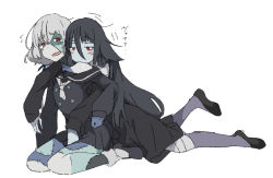 Rule 34 | 10s, 2girls, bandaged neck, bandages, biting, black dress, black footwear, black hair, commentary request, dress, grey hair, konno junko, long hair, momo no suidou-sui, multiple girls, open mouth, red eyes, short eyebrows, short hair, simple background, stitches, tears, white background, yamada tae, zombie, zombie land saga