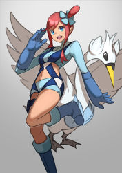 Rule 34 | 1girl, :d, absurdres, blue eyes, blue footwear, blue gloves, blue jacket, blue shorts, boots, commentary request, creatures (company), cropped jacket, game freak, gen 5 pokemon, gloves, gradient background, grey background, hair ornament, hand up, highres, jacket, leg up, midriff, nana kamiii, navel, nintendo, one side up, open mouth, pokemon, pokemon (creature), pokemon bw, pouch, red hair, short hair with long locks, short shorts, shorts, sidelocks, skyla (pokemon), smile, swanna, teeth, thigh pouch, tongue, turtleneck, upper teeth only