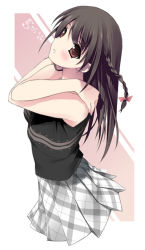 Rule 34 | 1girl, black hair, blush, braid, kantoku, long hair, plaid, plaid skirt, red eyes, skirt, solo
