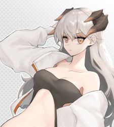 Rule 34 | 1girl, absurdres, arknights, bare shoulders, breasts, cleavage, commentary, grey background, grey hair, hair between eyes, halftone, halftone background, highres, horns, jacket, long hair, long sleeves, looking at viewer, medium breasts, midriff, no navel, off shoulder, open clothes, open jacket, orange eyes, saria (arknights), solo, stomach, upper body, very long hair, white jacket, yuki nko64