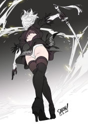 Rule 34 | 1girl, ass, back, back cutout, black footwear, black gloves, boots, brown thighhighs, clothing cutout, commentary, dated, feather trim, gloves, gradient background, grey hair, high heel boots, high heels, highres, holding, holding sword, holding weapon, katana, knee boots, nier (series), nier:automata, puffy sleeves, sakon04, short hair, signature, solo, sparks, standing, sword, thighhighs, weapon, 2b (nier:automata)