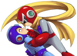 Rule 34 | 2boys, blue eyes, blush, capcom, eye contact, helmet, leaning, looking at another, male focus, mega man (character), mega man (classic), mega man (series), multiple boys, proto man, sagamimok, scarf, simple background, yaoi