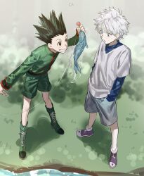 Rule 34 | 2boys, absurdres, black hair, blue eyes, boots, brown eyes, chamuring, child, fish, fishing rod, gon freecss, green footwear, green jacket, grey shorts, hands in pockets, highres, hunter x hunter, jacket, killua zoldyck, layered sleeves, long sleeves, looking at another, male focus, multiple boys, open mouth, outdoors, purple footwear, shirt, short hair, short over long sleeves, short sleeves, shorts, smile, spiked hair, white hair, white shirt