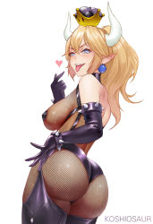 Rule 34 | 1girl, ass, bad id, bad pixiv id, blonde hair, blue eyes, blush, bowsette, bracelet, breasts, collar, crown, curvy, elbow gloves, gloves, hair between eyes, horns, huge ass, jewelry, koshiosaur, large breasts, mario (series), nail polish, nintendo, pointy ears, ponytail, sagging breasts, sharp teeth, simple background, smile, solo, spiked bracelet, spiked collar, spikes, super crown, teeth, thick thighs, thighhighs, thighs, tongue, tongue out, white background, wide hips