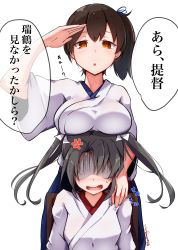 Rule 34 | 2girls, absurdres, baileys (tranquillity650), breast rest, breasts, breasts on head, brown eyes, brown hair, commentary request, grey hair, highres, japanese clothes, kaga (kancolle), kantai collection, large breasts, long hair, looking at viewer, multiple girls, salute, shaded face, side ponytail, signature, simple background, translation request, tsurime, twintails, upper body, white background, zuikaku (kancolle)