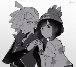 Rule 34 | 1boy, 1girl, ahoge, beanie, bracelet, closed mouth, commentary request, creatures (company), game freak, gladion (pokemon), greyscale, hair over one eye, hat, highres, holding hands, hood, hoodie, jewelry, long sleeves, looking at viewer, monochrome, nintendo, pokemon, pokemon sm, selene (pokemon), shirt, short hair, short sleeves, signature, tere asahi, upper body
