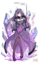 Rule 34 | 1girl, artist name, character name, clothing cutout, crystal, dated, dress, fate/grand order, fate (series), feather trim, fur-trimmed dress, fur trim, hair between eyes, headpiece, heart cutout, high heels, highres, holding, holding wand, pantyhose, purple dress, purple hair, red eyes, runes, scathach (fate), scathach skadi (fate), sen-jou, simple background, solo, tiara, wand, white background