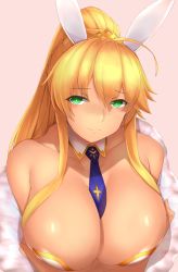 Rule 34 | 1girl, ahoge, artoria pendragon (all), artoria pendragon (fate), artoria pendragon (swimsuit ruler) (fate), bare shoulders, blonde hair, blush, breast hold, breasts, cleavage, collarbone, crossed arms, crown, detached collar, eyes visible through hair, fate/grand order, fate (series), green eyes, highres, huge breasts, kameponde, leotard, long hair, looking at viewer, necktie, pink background, playboy bunny, ponytail, shawl, shiny skin, sidelocks, simple background, smile, solo, upper body, very long hair, white leotard