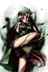 Rule 34 | 1girl, absurdres, braid, capcom, crossover, ex-meiling, female focus, fingerless gloves, gloves, gradient background, green eyes, hat, highres, hong meiling, immaterial and missing power, kirisato itsuki, long hair, parody, red hair, solo, street fighter, street fighter iv (series), style parody, touhou, very long hair