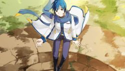 Rule 34 | 1boy, blue eyes, blue hair, blue pants, blue scarf, boots, coat, commentary, from above, headset, kaito (vocaloid), kaito (vocaloid3), kei10 gohan, knee boots, looking at viewer, male focus, outdoors, pants, scarf, sitting, solo, vocaloid, well, white coat