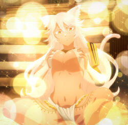 Rule 34 | 1girl, animal ears, anime screenshot, blush, bracelet, breasts, breasts squeezed together, bridal gauntlets, cat ears, cat girl, cat tail, cleavage, criss-cross halter, dark-skinned female, dark skin, granat needakitta, hair between eyes, halterneck, highres, jewelry, kekkon yubiwa monogatari, large breasts, long hair, looking at viewer, navel, outstretched hand, pelvic curtain, revealing clothes, screencap, spread legs, squatting, stitched, stomach, tail, thick thighs, thighs, third-party edit, underboob, white hair, yellow eyes