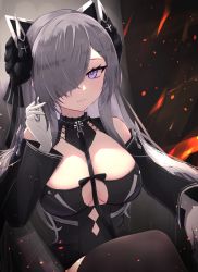 Rule 34 | 1girl, :3, august von parseval (azur lane), azur lane, bare shoulders, black background, black dress, black neckwear, black sleeves, black thighhighs, breasts, cleavage, cleavage cutout, closed mouth, clothing cutout, commentary request, cowboy shot, cross, crossed legs, detached sleeves, dress, fire, gloves, grey hair, hair between eyes, hair ornament, hair over one eye, hand up, headgear, highres, horns, iron cross, large breasts, long hair, looking at viewer, neckwear between breasts, partial commentary, purple eyes, reizouko, resolution mismatch, sidelocks, sitting, sleeveless, sleeveless dress, smile, solo, source smaller, thighhighs, white gloves