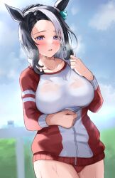 Rule 34 | 1girl, animal ears, black hair, blurry, blurry background, blush, breasts, buruma, collarbone, commentary request, cowboy shot, ear ornament, heavy breathing, highres, horse ears, horse girl, jacket, large breasts, long sleeves, looking at viewer, mejiro ramonu (umamusume), multicolored hair, outdoors, parted lips, partially unzipped, purple eyes, red buruma, red jacket, sg (esujii), shirt, solo, streaked hair, sweat, tracen training uniform, track jacket, umamusume, visible air, white hair, white shirt