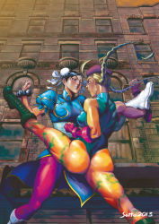 Rule 34 | ass, beret, blonde hair, boots, braid, brown hair, bun cover, cammy white, camouflage, capcom, china dress, chinese clothes, chun-li, dress, fighting, fingerless gloves, gloves, hat, highres, kicking, leotard, long hair, pantyhose, pedro sotto, street fighter, thong leotard, twin braids