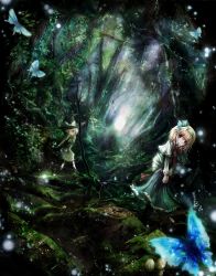 Rule 34 | 2girls, alice margatroid, bad id, bad pixiv id, black dress, blonde hair, blue dress, bug, butterfly, capelet, dress, female focus, forest, green eyes, hair ribbon, hat, highres, bug, kirisame marisa, missile228, multiple girls, mushroom, nature, ribbon, scenery, touhou, v arms, witch, witch hat, yellow eyes
