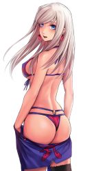 Rule 34 | 1girl, :d, american flag bikini, american flag print, applekun, ass, back, bikini, blue eyes, breasts, clothes down, earrings, fate/grand order, fate (series), flag print, from behind, hair down, halterneck, highres, jewelry, large breasts, leaf, long hair, looking at viewer, looking back, maple leaf, miyamoto musashi (fate), miyamoto musashi (swimsuit berserker) (fate), miyamoto musashi (swimsuit berserker) (second ascension) (fate), open mouth, print bikini, simple background, single thighhigh, smile, solo, straight hair, swept bangs, swimsuit, thighhighs, white background