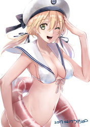 Rule 34 | 1girl, 2017, ;d, bikini, blonde hair, bottomless, breasts, cleavage, cosplay, dated, dutch angle, front-tie bikini top, front-tie top, green eyes, hair between eyes, hair ribbon, hat, innertube, kantai collection, long hair, low twintails, medium breasts, navel, one eye closed, open mouth, prinz eugen (kancolle), ribbon, sailor bikini, sailor collar, salute, simple background, smile, solo, swim ring, swimsuit, twintails, ugeppa, white background, white bikini, white hat, z3 max schultz (kancolle), z3 max schultz (kancolle) (cosplay)