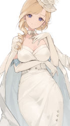 Rule 34 | 1girl, absurdres, azur lane, blonde hair, blue eyes, breasts, cleavage, coat, coat on shoulders, cowboy shot, daichengqi, dress, earrings, elbow gloves, evening gown, gloves, highres, hood (azur lane), hood (dawnlight&#039;s dame) (azur lane), jewelry, looking at viewer, simple background, smile, white background, white dress