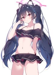 Rule 34 | 1girl, animal ear fluff, animal ears, bare arms, bare legs, bare shoulders, bikini, black bikini, black hair, blue archive, blush, breasts, cat ears, closed mouth, frilled bikini, frills, gluteal fold, hair between eyes, halkawa501, halo, highres, long hair, navel, official alternate costume, pink halo, red eyes, serika (blue archive), serika (swimsuit) (blue archive), simple background, small breasts, solo, swimsuit, twintails, white background