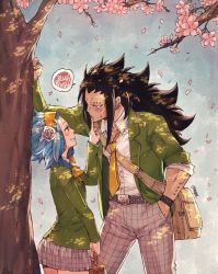 Rule 34 | 1boy, 1girl, a (phrase), bag, belt, black hair, blazer, blue hair, blush, bow, bowtie, bracelet, cherry blossoms, collarbone, couple, cowboy shot, dress shirt, eye contact, fairy tail, finger to another&#039;s mouth, flower, gajeel redfox, green blazer, grey pants, grey skirt, grin, hair flower, hair ornament, hand in pocket, headband, holding, holding bag, index finger raised, jacket, jewelry, leaning forward, levy mcgarden, long hair, looking at another, miniskirt, necktie, open jacket, open clothes, open jacket, outdoors, pantherlily, pants, pink flower, pleated skirt, rusky, school bag, school uniform, shirt, signature, skirt, smile, standing, sweatdrop, very long hair, white flower, white shirt, yellow bow, yellow neckwear
