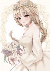 Rule 34 | 1girl, absurdres, bare shoulders, bouquet, braid, braided ponytail, bride, dark skin, dress, earrings, flower, flower wreath, frilled sleeves, frills, highres, holding, holding bouquet, itsuki isshiki, jewelry, lace trim, light brown hair, long sleeves, necklace, nijisanji, sidelocks, sister claire, sleeves past wrists, smile, solo, virtual youtuber, wedding dress, white dress, white flower