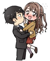Rule 34 | 1boy, 1girl, black hair, blush, brown eyes, brown hair, chibi, embarrassed, flying sweatdrops, formal, hand on another&#039;s face, holding person, idolmaster, idolmaster cinderella girls, long hair, lowres, nanonin, necktie, producer (idolmaster), producer (idolmaster cinderella girls anime), shimamura uzuki, short hair, side ponytail, suit, white background