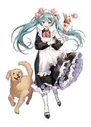 Rule 34 | 1girl, :d, absurdres, alternate costume, apron, aqua eyes, aqua hair, black dress, black footwear, black shirt, bow, dog, dress, enmaided, floating hair, food, frilled dress, frills, full body, hair bow, hatsune miku, highres, ice cream, long dress, long hair, long sleeves, looking at viewer, maid, maid apron, maid headdress, open mouth, pink bow, pink neckwear, qltnrl9999, shirt, simple background, smile, solo, standing, sweatdrop, very long hair, vocaloid, white apron, white background, white legwear
