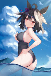 Rule 34 | 1girl, adjusting clothes, adjusting swimsuit, ahoge, animal ears, ass, bare arms, bare shoulders, bird, black hair, black one-piece swimsuit, blue sky, blush, breasts, competition swimsuit, cowboy shot, day, dongyue sakura, from side, hair ribbon, hand on own chest, highres, horse ears, kitasan black (umamusume), large breasts, light rays, looking at viewer, looking to the side, multicolored hair, one-piece swimsuit, outdoors, parted lips, red eyes, red ribbon, ribbon, sky, solo, streaked hair, sunbeam, sunlight, swimsuit, two-tone hair, umamusume, wading, water, water drop, white hair