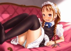 Rule 34 | :o, ass, black legwear, blue bow, blue bowtie, blue panties, blush, bow, bowtie, braid, breasts, brown hair, cellphone, couch, hair ribbon, holding, indoors, legs up, long hair, lying, maid, maid headdress, on back, on couch, open mouth, original, panties, phone, pillow, polka dot, polka dot panties, puffy sleeves, ribbon, small breasts, smartphone, sunlight, sweatdrop, thick thighs, thighhighs, thighs, twin braids, underwear, wadachitokakeru