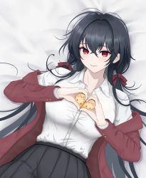 Rule 34 | 1girl, azur lane, bird, black hair, black skirt, breasts, chick, closed mouth, collared shirt, crossed bangs, heart, heart hands, highres, jacket, large breasts, long hair, long sleeves, lying, ohwani333, on back, parted bangs, red eyes, red jacket, shirt, skirt, smile, solo, taihou (azur lane), taihou (sweet time after school) (azur lane), white shirt