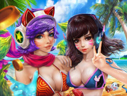 Rule 34 | 2girls, adapted costume, ahri (league of legends), alexandra cvetkova, alternate costume, alternate hair color, alternate hair length, alternate hairstyle, animal ears, animal print, arcade ahri, artist name, bare shoulders, beach, bell, bikini, blue bikini, blue eyes, blue sky, breasts, brown eyes, brown hair, cleavage, closed mouth, cloud, cloudy sky, coin, collarbone, d.va (overwatch), day, eyeliner, facepaint, facial mark, fake animal ears, fingernails, fox ears, fox tail, hand up, headphones, jingle bell, large breasts, league of legends, lips, lipstick, long fingernails, looking at viewer, makeup, multiple girls, multiple tails, nose, ocean, outdoors, overwatch, overwatch 1, palm tree, parted lips, pink lips, poro (league of legends), purple hair, rabbit print, red bikini, red scarf, scarf, short hair, sky, strap gap, swept bangs, swimsuit, tail, tassel, tree, upper body, v, water, whisker markings