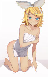 Rule 34 | aruman, barefoot, blonde hair, blue eyes, bow, breasts, collarbone, covering privates, full body, hair bow, hair ornament, hairband, hairclip, half-closed eyes, highres, holding own arm, kagamine rin, kneeling, looking at viewer, naked towel, nude cover, paid reward available, short hair, simple background, small breasts, smile, swept bangs, thighs, toes, towel, variant set, vocaloid, white background, white bow, white hairband, white towel