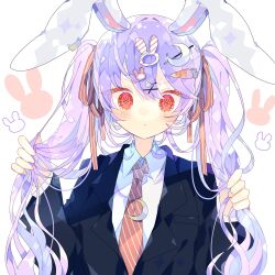 Rule 34 | 1girl, alternate hairstyle, animal ears, black jacket, blazer, blush, closed mouth, collared shirt, crescent, crescent pin, diagonal-striped clothes, diagonal-striped necktie, hair between eyes, hair ornament, hairclip, highres, holding, holding own hair, jacket, light purple hair, long hair, long sleeves, necktie, nikorashi-ka, orange necktie, pout, rabbit ears, red eyes, reisen udongein inaba, shirt, solo, striped clothes, touhou, twintails, upper body, white background, white shirt