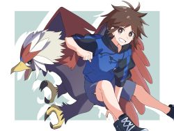 Rule 34 | 1boy, absurdres, alternate costume, antenna hair, black footwear, blue jacket, border, braviary, bright pupils, brown eyes, brown hair, clenched hand, commentary, creatures (company), game freak, gen 5 pokemon, grey shorts, grin, hand up, highres, jacket, jayj 824, looking at viewer, male focus, nate (pokemon), nintendo, pokemon, pokemon (creature), pokemon bw2, shoes, short hair, shorts, smile, spread legs, teeth, white border, white pupils