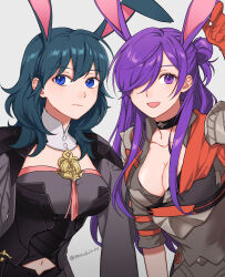 Rule 34 | 2girls, absurdres, animal ears, armor, asymmetrical clothes, black coat, blue eyes, blue hair, blush, breasts, bustier, byleth (female) (fire emblem), byleth (fire emblem), cape, chinese zodiac, choker, cleavage, closed mouth, coat, fire emblem, fire emblem: three houses, fire emblem warriors: three hopes, gloves, hair between eyes, hair bun, hair over one eye, highres, large breasts, long hair, looking at viewer, medium breasts, medium hair, multiple girls, navel, nintendo, open mouth, peach11 01, purple eyes, purple hair, rabbit ears, shez (female) (fire emblem), shez (fire emblem), simple background, single hair bun, smile, twitter username, year of the rabbit