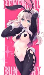 Rule 34 | 1girl, animal ears, arms up, between breasts, black hairband, black necktie, black thighhighs, blue eyes, breasts, closed mouth, cowboy shot, english text, fake animal ears, fake tail, hairband, heart maebari, heart pasties, itoichi., long hair, long sleeves, looking at viewer, maebari, medium breasts, meme attire, navel, necktie, necktie between breasts, nude, original, pasties, pink background, pink hair, rabbit ears, rabbit tail, reverse bunnysuit, reverse outfit, shrug (clothing), smile, sparkle, stomach, tail, thighhighs, two-tone background, white background