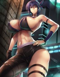 Rule 34 | 1girl, abs, ayane (doa), breasts, curvy, dead or alive, from below, haganef, hand on own hip, highres, huge breasts, large breasts, midriff, purple hair, red eyes, short hair, smile, solo, wide hips