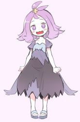 Rule 34 | 1girl, acerola (pokemon), babalilo, black dress, blue dress, blush, clenched hand, creatures (company), dress, elite four, female focus, full body, game freak, hair ornament, looking at viewer, matching hair/eyes, multicolored clothes, multicolored dress, nintendo, open mouth, pokemon, pokemon sm, purple eyes, purple hair, sandals, simple background, solo, stitches, trial captain