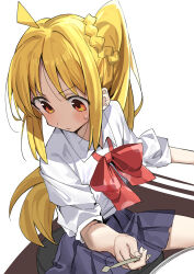 Rule 34 | 1girl, absurdres, ahoge, blonde hair, blue skirt, bocchi the rock!, bow, bowtie, closed mouth, drumsticks, haruyuki (gffewuoutgblubh), highres, holding, holding drumsticks, ijichi nijika, looking to the side, red bow, red bowtie, red eyes, shirt, side ponytail, simple background, skirt, white background, white shirt, wispy bangs
