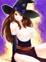 Rule 34 | 1girl, bare shoulders, breasts, brown eyes, brown hair, cleavage, detached sleeves, dragon&#039;s crown, dress, hat, huge breasts, large breasts, long hair, side slit, solo, sorceress (dragon&#039;s crown), strapless, strapless dress, vanillaware, witch hat, yoshino (pixiv81884)