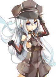 Rule 34 | 1girl, :&lt;, absurdres, anchor symbol, bad id, bad pixiv id, bismarck (kancolle), bismarck (kancolle) (cosplay), black gloves, black hat, blue eyes, cosplay, gloves, hand on headwear, hat, hibiki (kancolle), highres, kantai collection, long hair, looking at viewer, miyabino (miyabi1616), open mouth, peaked cap, simple background, solo, teeth, triangle mouth, verniy (kancolle), white background, white hair